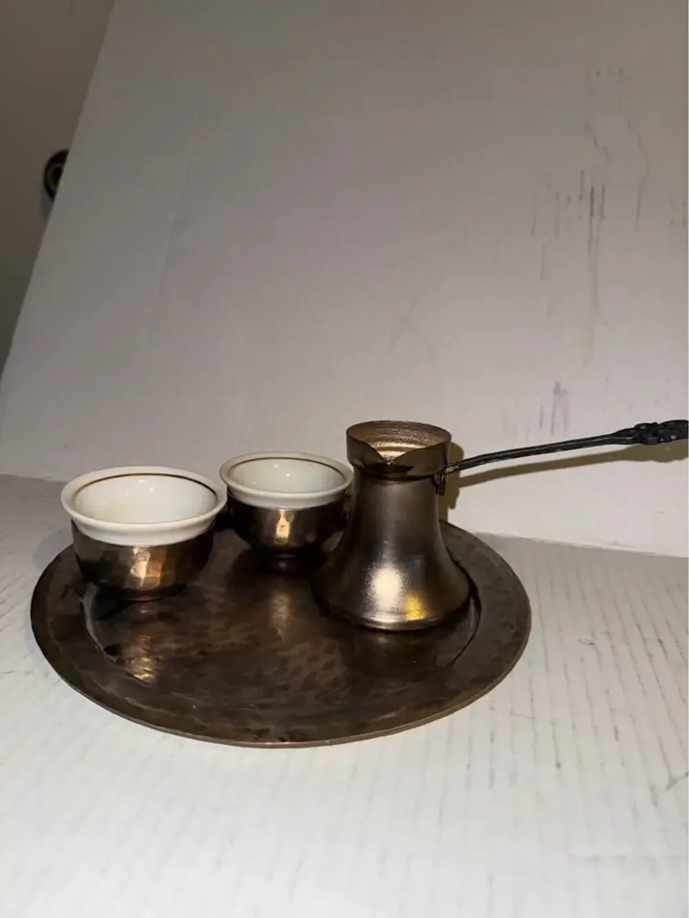 Turkish Metal Repousse Coffee Tea Set Tray, 2 Cups, Bowl & Jug